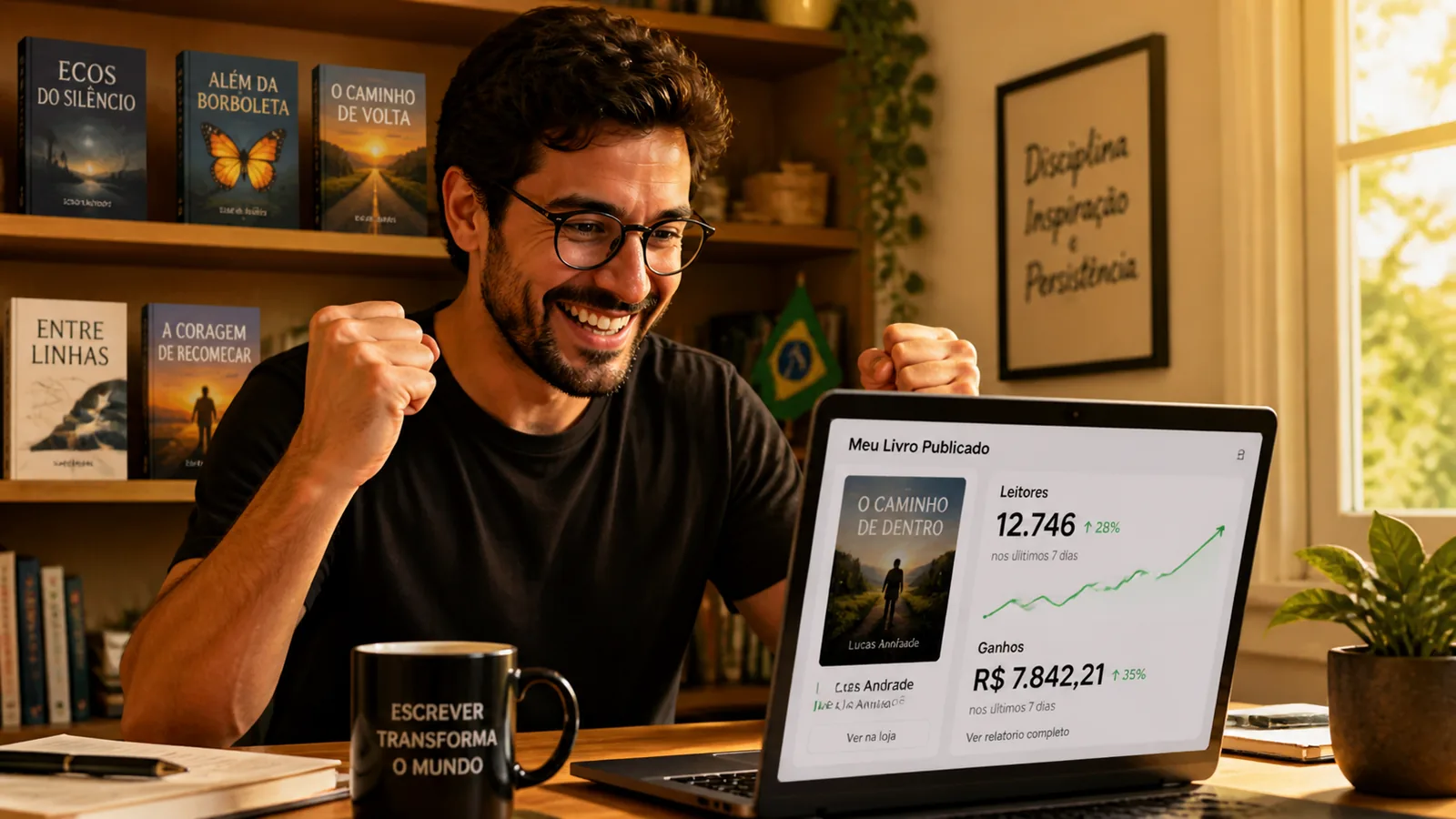 Escritor celebrando resultados